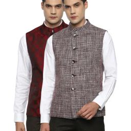 Van Heusen Maroon Slim Fit Printed Reversible Nehru Jacket-image-44