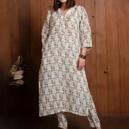 Eeshva India Off White Dove Print Pure Linen Kurta-image-14