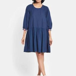 Fabindia Navy Cotton Linen A-Line Dress-image-60