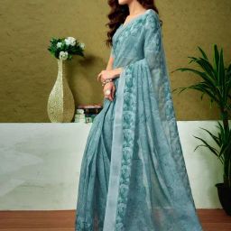Satrani Blue Linen Printed Saree With Unstitched Blouse image 3