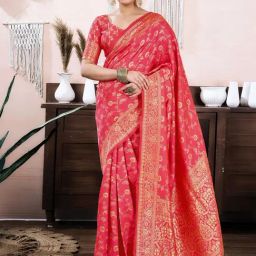 Satrani Pink Silk Blend Woven Saree With Unstitched Blouse-image-97