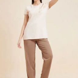 Sweet Dreams Beige & Brown Cotton Printed T-Shirt Pyjamas Set-image-70