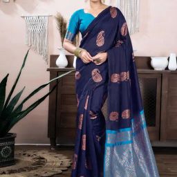 Satrani Blue Silk Blend Woven Saree With Unstitched Blouse-image-70