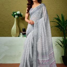Satrani Grey Linen Printed Saree With Unstitched Blouse-image-113
