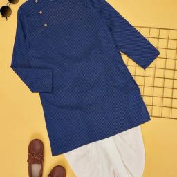 YU by Pantaloons Kids Navy & White Cotton Self Pattern Full Sleeves Kurta Set-image-56