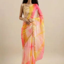 Geroo Jaipur Pink & Yellow Masoom Minawala Handcrafted Pure Kota Silk Shibori Saree-image-23