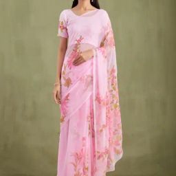 Geroo Jaipur Pink Hand Painted Mukaish Chiffon Saree-picture-19
