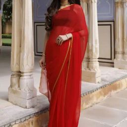 Geroo Jaipur Red Hand Dyed Plain Chiffon Saree With Jacquard Blouse-image-16