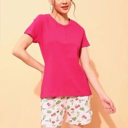 Clovia Pink Printed Top With Shorts-image-46