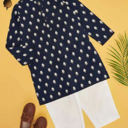 Indus Route by Pantaloons Kids Navy & White Cotton Floral Print Full Sleeves Kurta Set-image-95