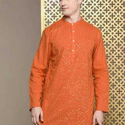 House of Pataudi Pure Cotton Embroidered Sequined Jashn Kurta-image-94