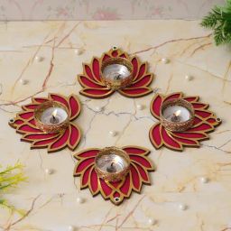 eCraftIndia Multicolor Aluminium Lotus Design Tea Light Candle Holders - Set of 4-45