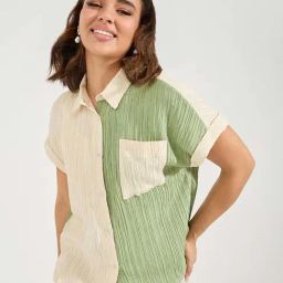 Styli Beige & Green Color-Block Shirt-image-54