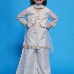 Little Bansi Girls Cream Self Design Kurta, Jacket, Plazzos with Dupatta-image-51