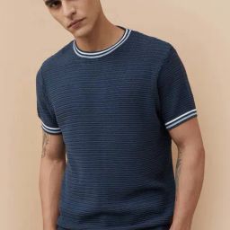 Code By Lifestyle Blue Regular Fit Textured T-Shirts-image-2