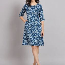 Powersutra Blue Cotton Print 3/4th sleeve A Line Dress-picture-44