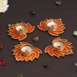 eCraftIndia Orange & Gold Aluminium Lotus Design Tea Light Candle Holders - Set of 4-32