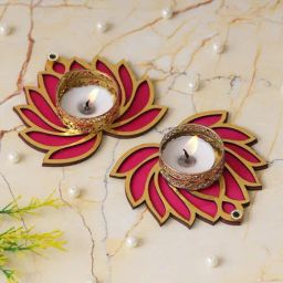 eCraftIndia Multicolor Aluminium Lotus Design Tea Light Candle Holders - Set of 2-43