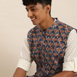 Taavi Mandarin Collar Ethnic Printed Indigo Soiree Nehru Jacket-47