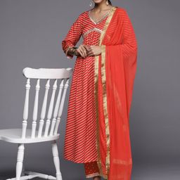 Varanga Women Red Leheriya Embroidered Empire Kurta with Trousers & With Dupatta-picture-12