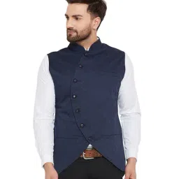 Hypernation Navy Mandarin Collar Printed Waistcoat-31