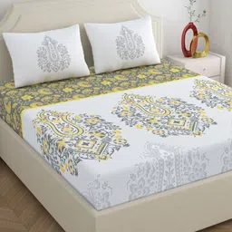 Dreamscape Grey & Yellow Ethnic Motifs 200 TC Cotton Queen Bedsheet Set 2.20 m x 2.49 m-image-91