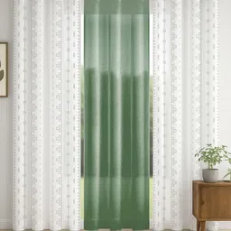 STITCHNEST Green & White 3 Pieces Geometric Printed Sheer Window Curtains-image-4