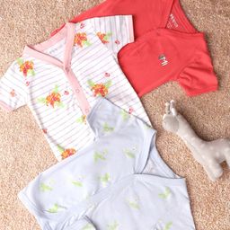 Mi Arcus Baby Girl Cotton Half Sleeves Floral & Leaves Printed Vest Pack of 3 Red & Blue-image-23