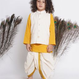 Little Bansi Full Sleeves Floral Embroidered Jaipuri Thread Detailed Kurta Dhoti With Jacket - Yellow-25