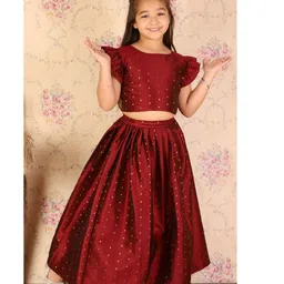 Vastramay Half Frill Sleeves Foil Printed Lehenga Choli Set - Maroon-picture-5