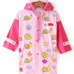 Babyhug Full Sleeves Below Knee Length Hooded Raincoat Snail Print - Pink-image-75