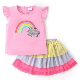 Babyhug 100% Cotton Knit Single Jersey Frill Sleeve Top & Skirt With Rainbow Print & Sequin Detailing - Pink-image-50