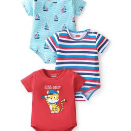 Babyhug 100% Cotton Knit Half Sleeves Tiger & Boat Printed Onesies Pack of 3 - Blue & Red-image-87