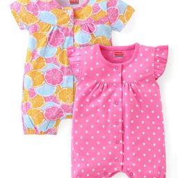 Babyhug 100% Cotton Knit Half Sleeves Rompers with Polka Dots & Fruit Print  Pack of 2 - Multicolour-image-35