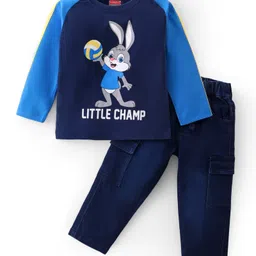 Babyhug Single Jersey Knit Raglan Sleeves T-Shirt & Denim Pants Set With Bunny Print - Blue-picture-2