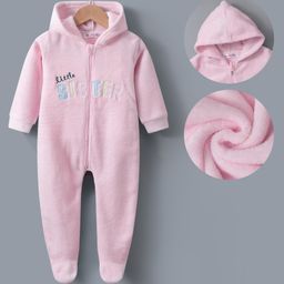 Kookie Kids Full Sleeves Footed Length Hooded Winter Wear Romper with Text Embroidery - Pink-image-84