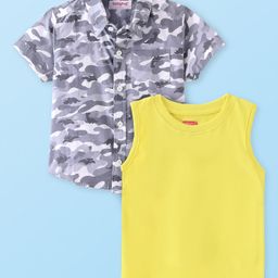 Babyhug Cotton Woven Half Sleeves Camouflage Printed Shirt with T-Shirt - Grey-image-77