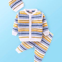 Babyhug Knit Full Sleeves Front Open Sweater Set with Cap & Stripes Design - Multicolour-image-25