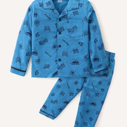 Smarty Boys Cotton Knit Full Sleeves Night Suit With Camping Theme Print - Blue-image-57