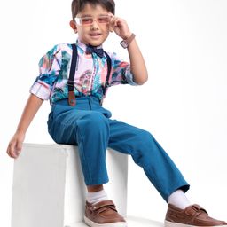Ollington St. 100% Cotton Full Sleeves Collared Shirt & Twill Pant Set with Bow & Suspender Tropical Theme Print -Light Pink-picture-12