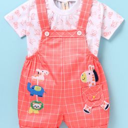 Dapper Dudes Checked Animal Embroidered Dungaree With Half Sleeves Tee - Orange-image-67