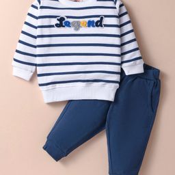 Zero Cotton Knit Full Sleeves Winter Wear T-Shirt& Lounge Pant Set with Stripes Print & Text Embroidery - White & Blue-image-72