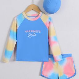 Pine Kids Full Raglan Sleeves Two Piece Swimsuit With Tie & Dye Print & Swimming Cap - Blue-image-67