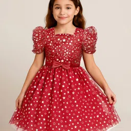 Pine Kids Woven Frill Sleeves Party Dress With Star Print & Bow Applique - Red-picture-1