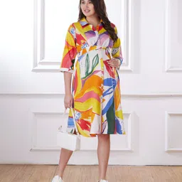 Bella Mama Viscose Woven Half Balloon Sleeves Maternity Dress With Floral Print - Yellow-picture-49