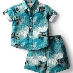JASH KIDS Poplin Woven Half Sleeves Shirt & Shorts Co-Ord Set With Leaf Print - Mint Green-picture-28