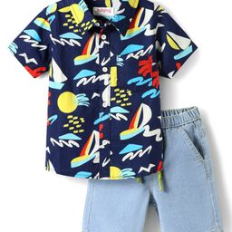 Babyhug Cotton Knit Half Sleeves Shirt & Shorts Set with Beach Theme Print - Navy & Light Blue-image-55