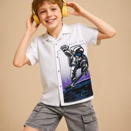 Ollington St. Cotton Knit Half Sleeves Astronaut Printed Shirt & Shorts Set - White & Black-image-41