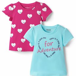 Honeyhap Premium 100% Cotton Knit With Bio Finish Half Sleeves Tops with Heart & Adventure Text Print Pack of 2 - Water Ballet & Phlox Pink-picture-9