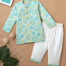 Desi Soota Cotton Full Sleeves Mandala Circle Printed Coordinating Kurta Pyjama Set - Turquoise-image-3